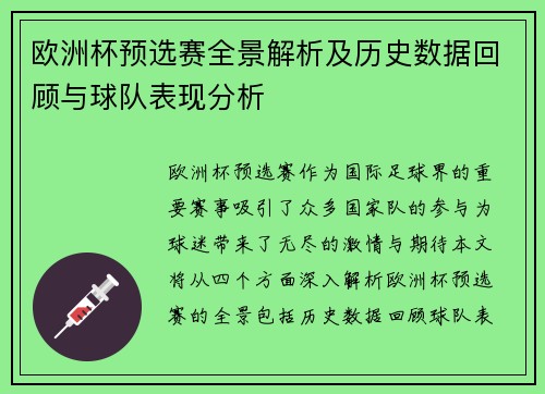 欧洲杯预选赛全景解析及历史数据回顾与球队表现分析