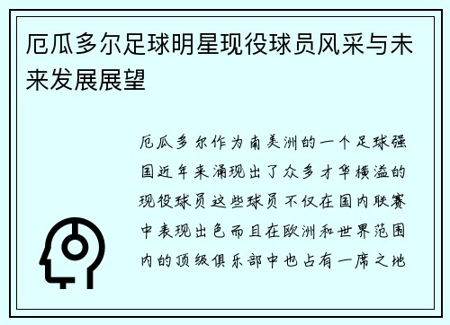 厄瓜多尔足球明星现役球员风采与未来发展展望