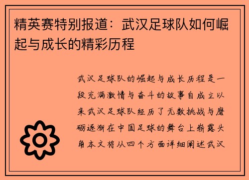精英赛特别报道：武汉足球队如何崛起与成长的精彩历程