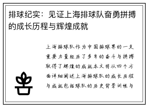 排球纪实：见证上海排球队奋勇拼搏的成长历程与辉煌成就